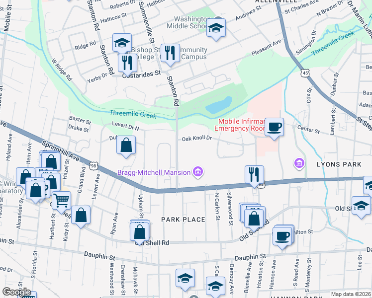 map of restaurants, bars, coffee shops, grocery stores, and more near 188 Stanton Road in Mobile