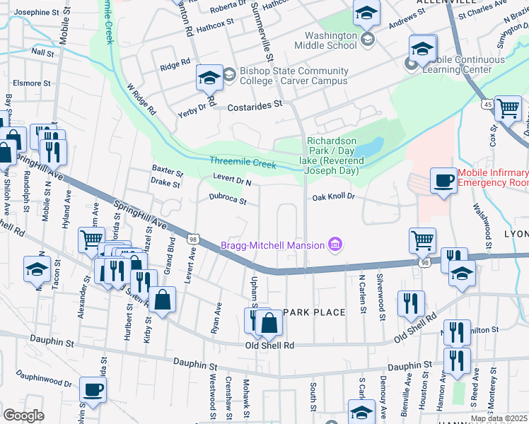 map of restaurants, bars, coffee shops, grocery stores, and more near 276 Woodlands Ave in Mobile