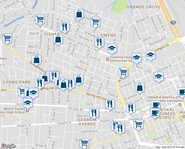 map of restaurants, bars, coffee shops, grocery stores, and more near 1053 Adams Street in Mobile