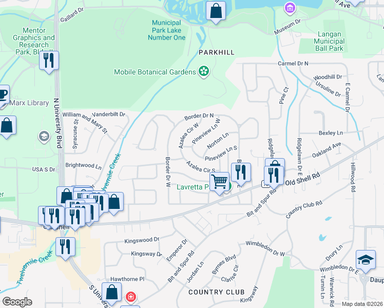 map of restaurants, bars, coffee shops, grocery stores, and more near 5209 Pineview Lane in Mobile