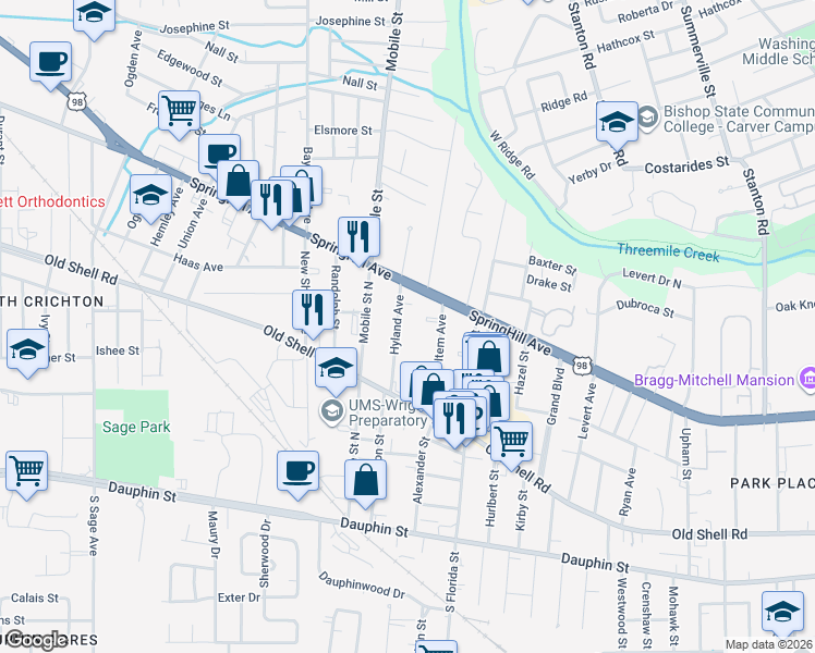 map of restaurants, bars, coffee shops, grocery stores, and more near 132 Hyland Avenue in Mobile