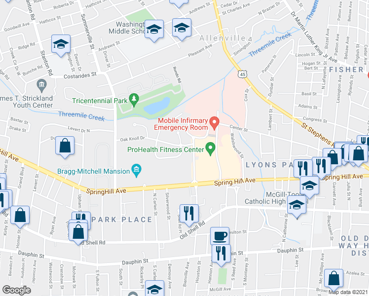 map of restaurants, bars, coffee shops, grocery stores, and more near 254 Indian Creek Drive East in Mobile
