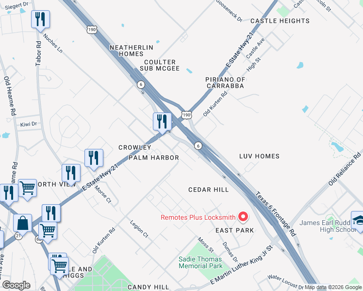 map of restaurants, bars, coffee shops, grocery stores, and more near 3103 Old Kurten Road in Bryan