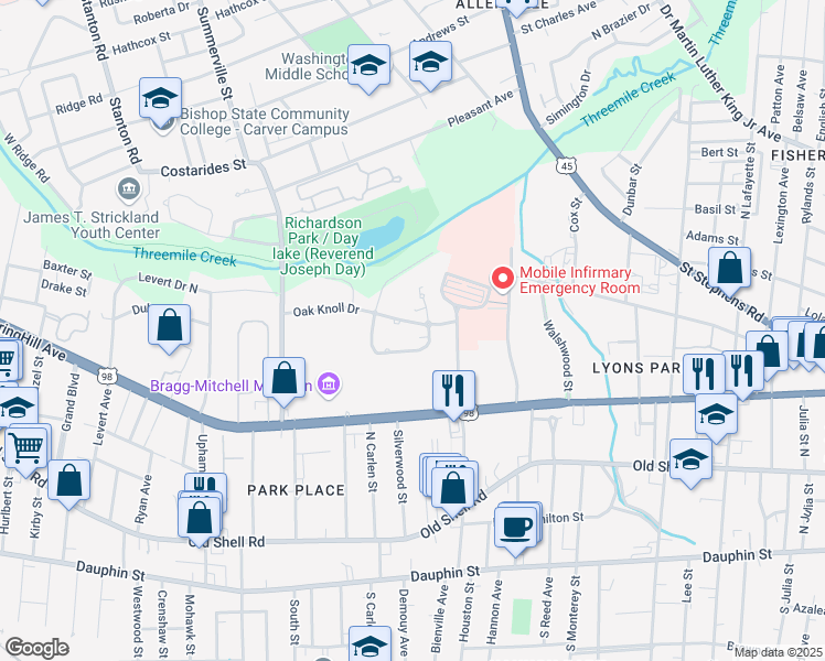 map of restaurants, bars, coffee shops, grocery stores, and more near 1805 Oak Knoll Drive in Mobile