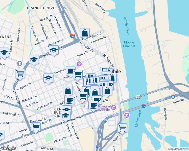 map of restaurants, bars, coffee shops, grocery stores, and more near Saint Joseph Street in Mobile