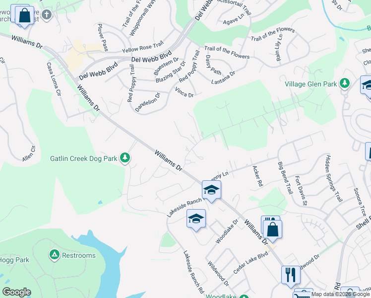 map of restaurants, bars, coffee shops, grocery stores, and more near 205 Sedro Trail in Georgetown