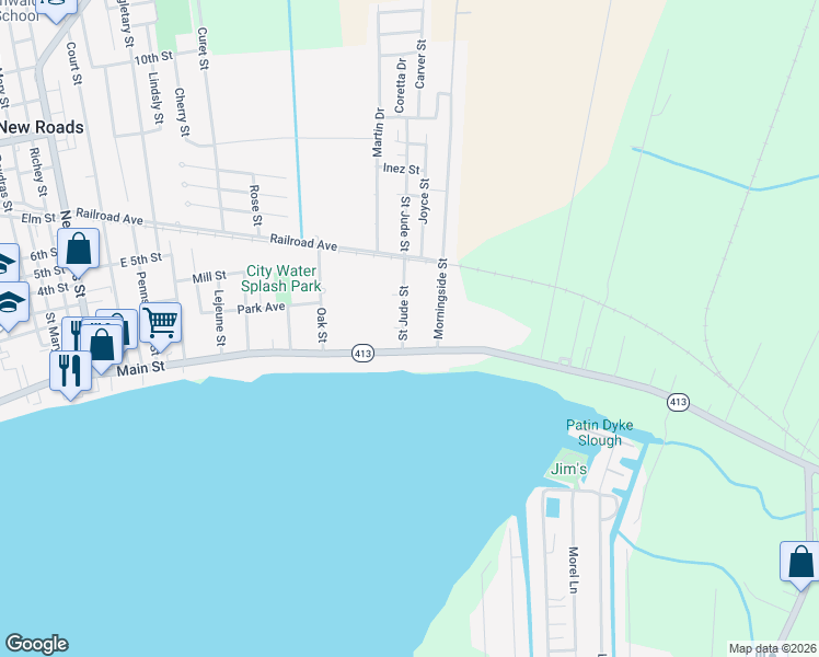 map of restaurants, bars, coffee shops, grocery stores, and more near 103 Saint Jude Street in New Roads