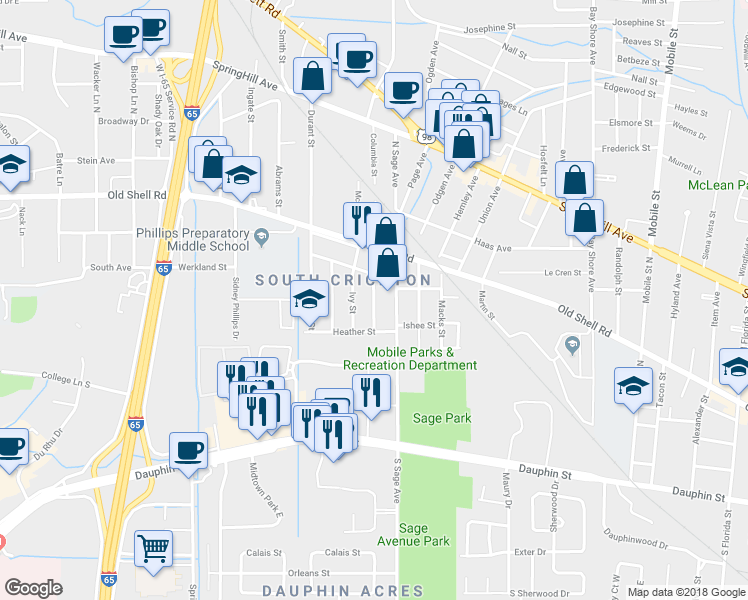 map of restaurants, bars, coffee shops, grocery stores, and more near 68 Valeria Street East in Mobile