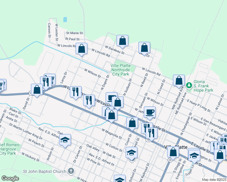 map of restaurants, bars, coffee shops, grocery stores, and more near 465 North Dossman Street in Ville Platte