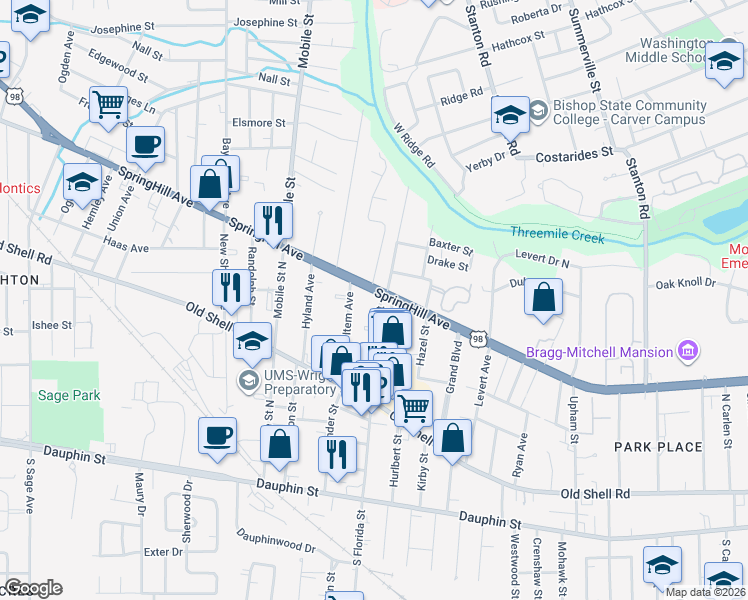 map of restaurants, bars, coffee shops, grocery stores, and more near 218-244 North Florida Street in Mobile