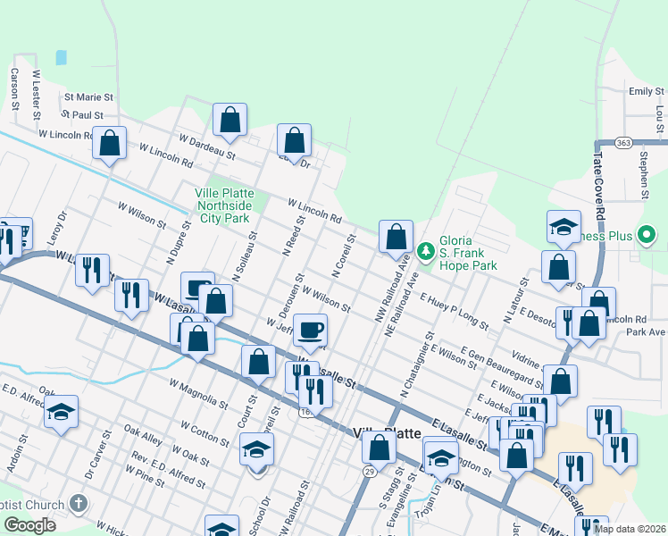 map of restaurants, bars, coffee shops, grocery stores, and more near 708 North Coreil Street in Ville Platte