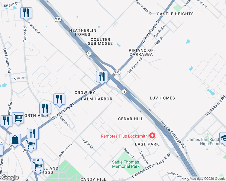 map of restaurants, bars, coffee shops, grocery stores, and more near 3103 Old Kurten Road in Bryan
