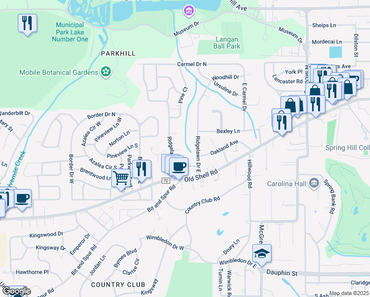map of restaurants, bars, coffee shops, grocery stores, and more near 4810 Ravine Court in Mobile