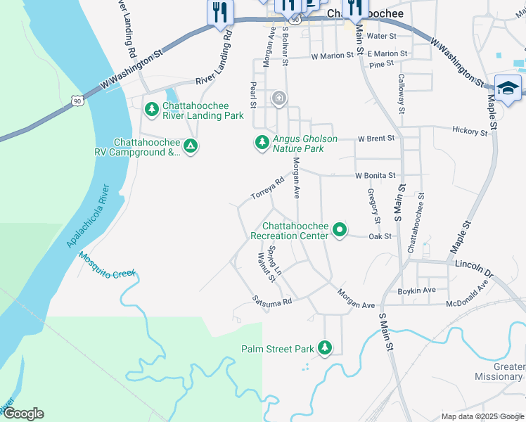 map of restaurants, bars, coffee shops, grocery stores, and more near 406 Satsuma Road in Chattahoochee