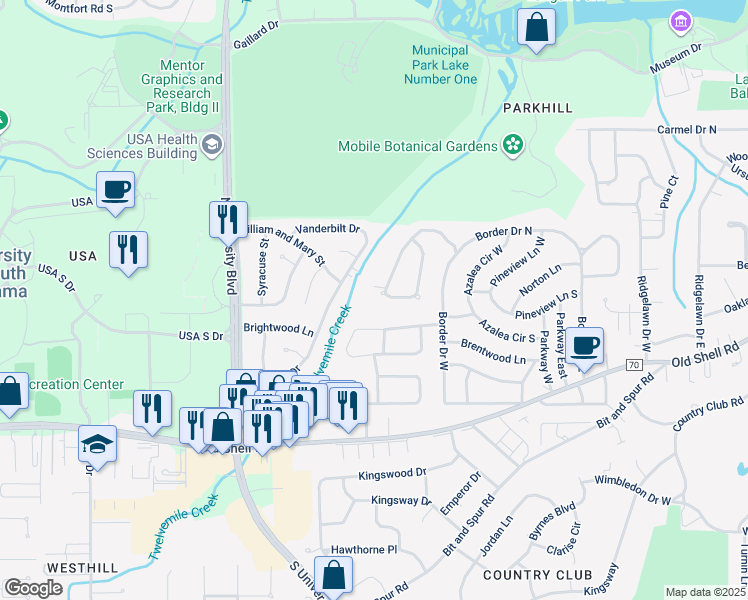 map of restaurants, bars, coffee shops, grocery stores, and more near 5425 Springhill Woods Drive in Mobile