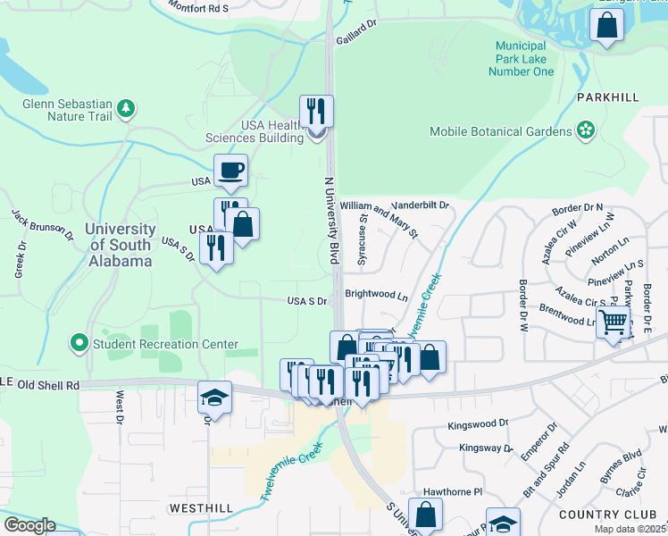 map of restaurants, bars, coffee shops, grocery stores, and more near 307 North University Boulevard in Mobile