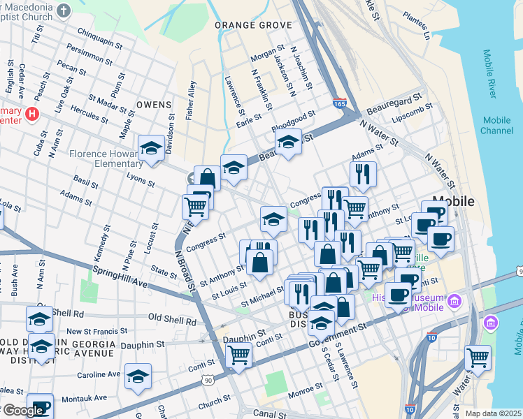 map of restaurants, bars, coffee shops, grocery stores, and more near 553 Congress Street in Mobile