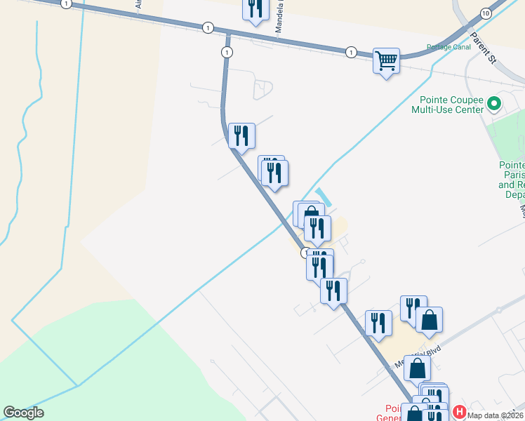 map of restaurants, bars, coffee shops, grocery stores, and more near 1612 Hospital Road in New Roads