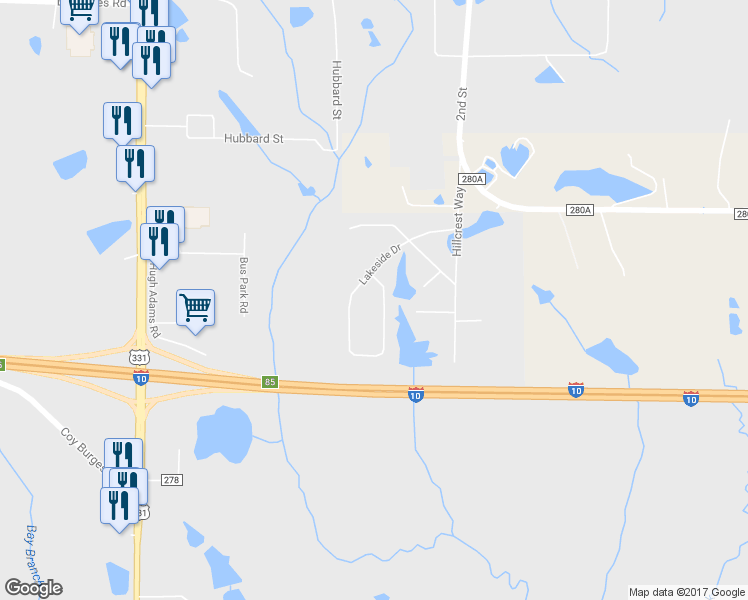 map of restaurants, bars, coffee shops, grocery stores, and more near 715 Lakeside Drive in DeFuniak Springs
