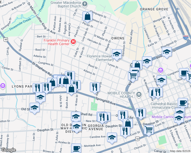 map of restaurants, bars, coffee shops, grocery stores, and more near 252-254 Gaston Street in Mobile