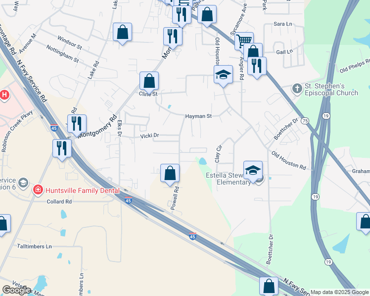 map of restaurants, bars, coffee shops, grocery stores, and more near 101 Samantha Drive in Huntsville