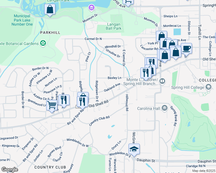 map of restaurants, bars, coffee shops, grocery stores, and more near 56 Oakland Avenue in Mobile