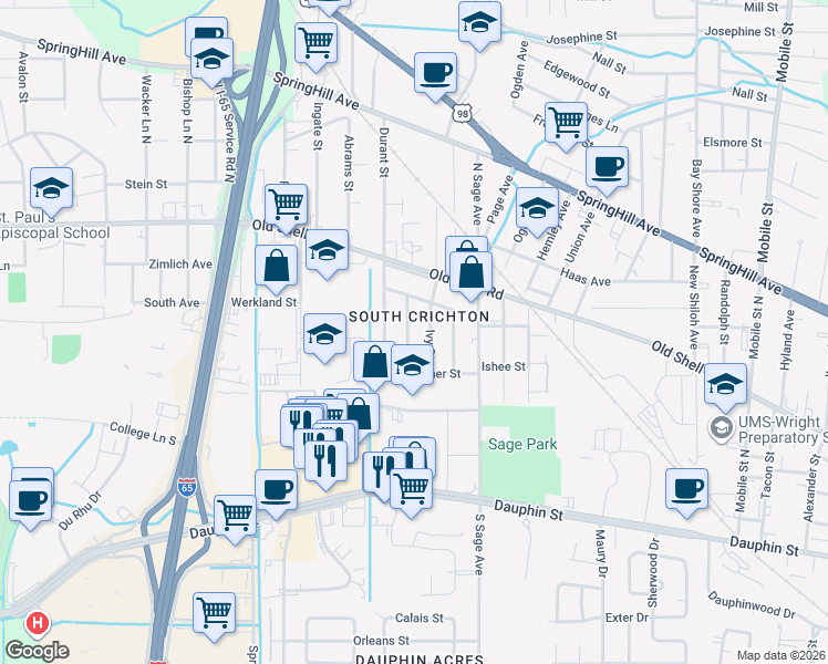 map of restaurants, bars, coffee shops, grocery stores, and more near 65 Picardy Street in Mobile