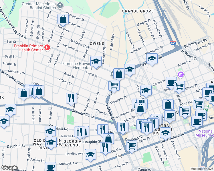 map of restaurants, bars, coffee shops, grocery stores, and more near 351 North Broad Street in Mobile