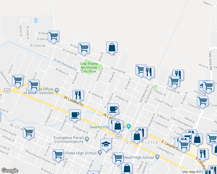 map of restaurants, bars, coffee shops, grocery stores, and more near 615 North Reed Street in Ville Platte