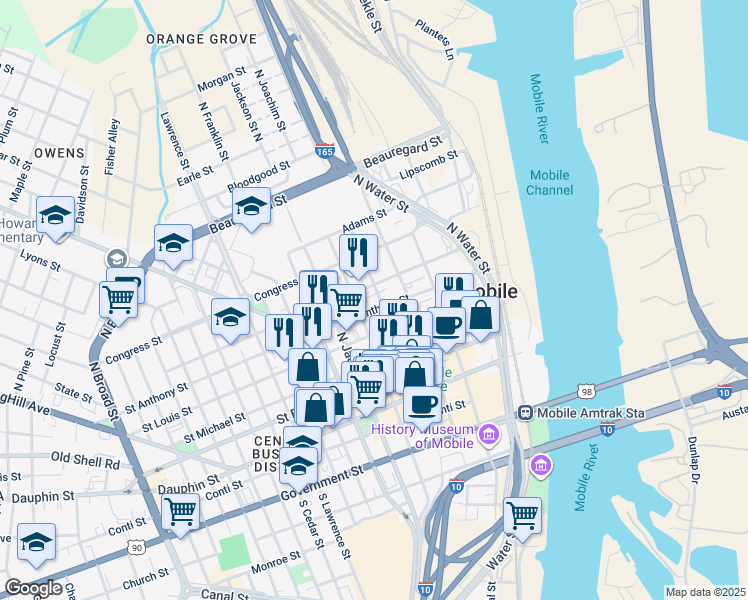 map of restaurants, bars, coffee shops, grocery stores, and more near 250 Saint Anthony Street in Mobile