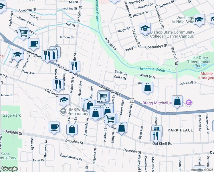 map of restaurants, bars, coffee shops, grocery stores, and more near 2510 SpringHill Avenue in Mobile