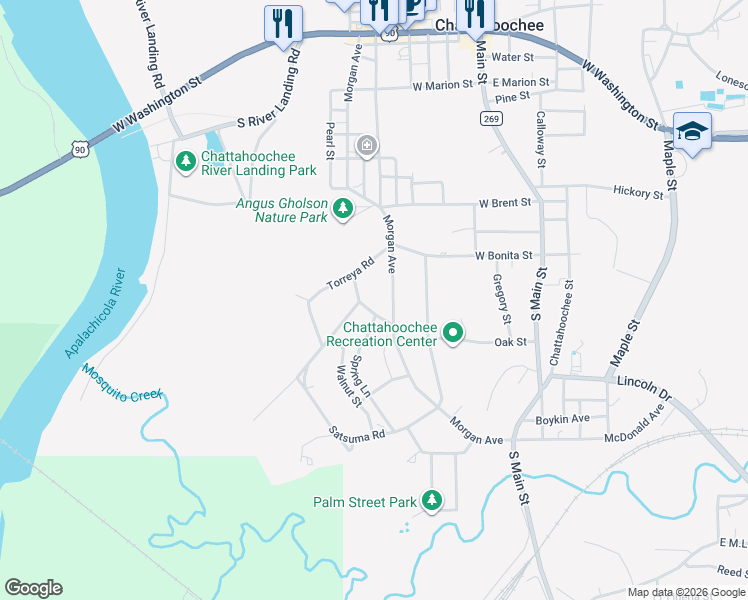 map of restaurants, bars, coffee shops, grocery stores, and more near 762 Morgan Avenue in Chattahoochee
