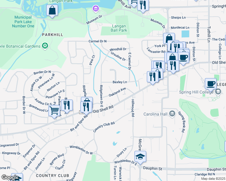 map of restaurants, bars, coffee shops, grocery stores, and more near 56 Oakland Avenue in Mobile