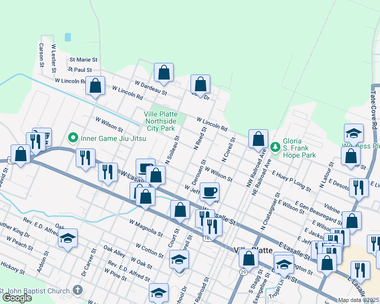 map of restaurants, bars, coffee shops, grocery stores, and more near 614 North Reed Street in Ville Platte