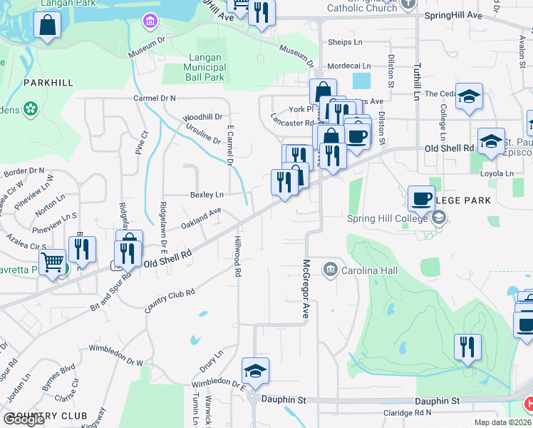 map of restaurants, bars, coffee shops, grocery stores, and more near 126 Eaton Square in Mobile