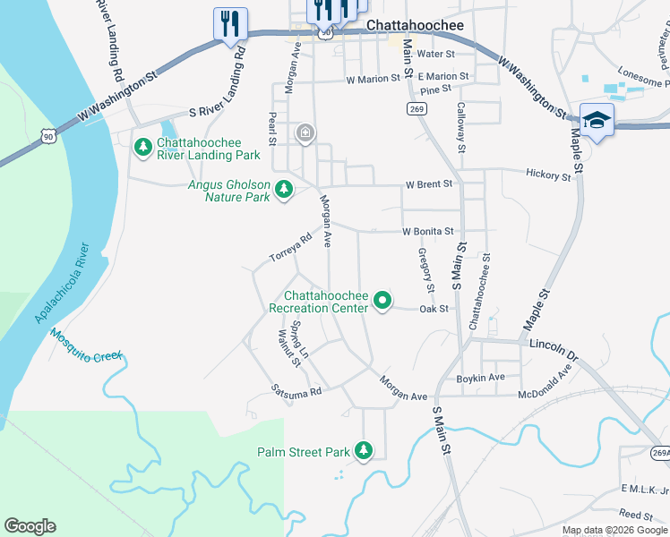 map of restaurants, bars, coffee shops, grocery stores, and more near 762 Morgan Avenue in Chattahoochee