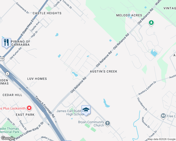 map of restaurants, bars, coffee shops, grocery stores, and more near 3066 Old Reliance Road in Bryan