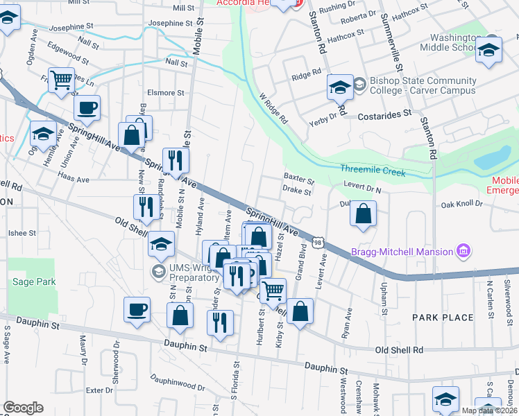 map of restaurants, bars, coffee shops, grocery stores, and more near 218-244 North Florida Street in Mobile