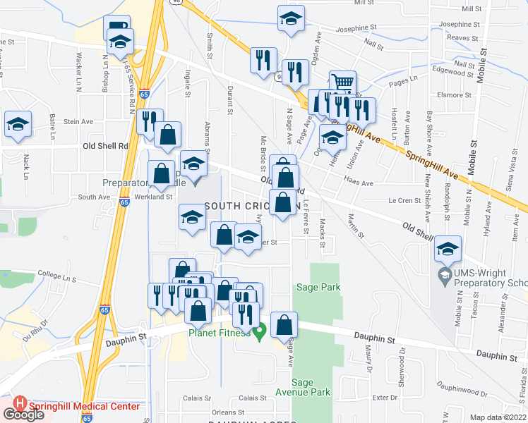 map of restaurants, bars, coffee shops, grocery stores, and more near 72 Ivy Street in Mobile
