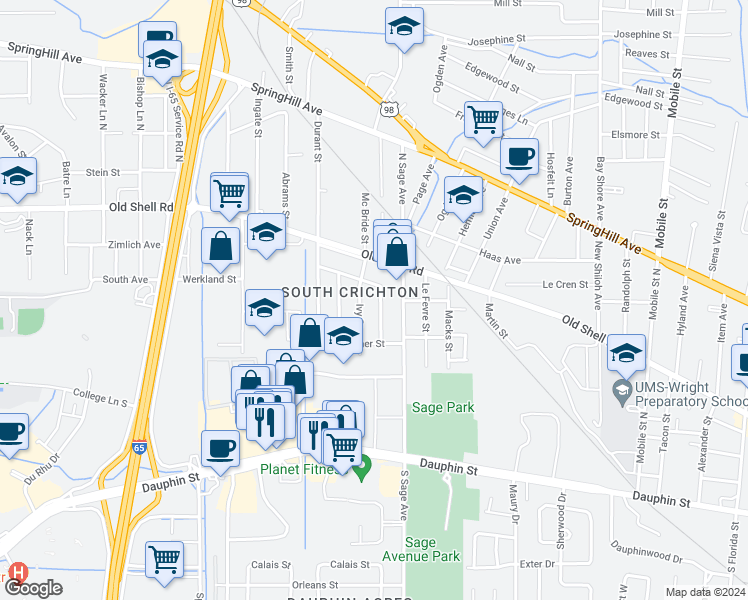 map of restaurants, bars, coffee shops, grocery stores, and more near 73 Valeria Street East in Mobile