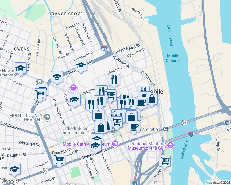 map of restaurants, bars, coffee shops, grocery stores, and more near 250 Saint Anthony Street in Mobile