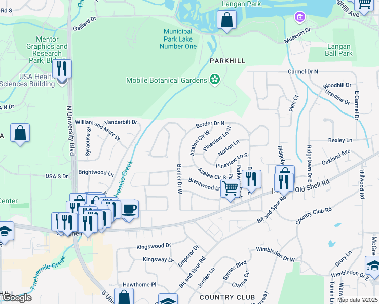 map of restaurants, bars, coffee shops, grocery stores, and more near 301 Azalea Circle West in Mobile