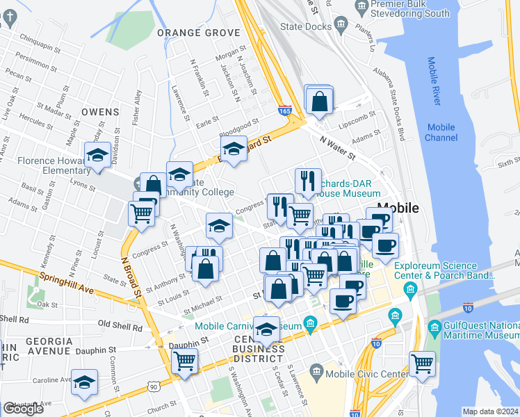 map of restaurants, bars, coffee shops, grocery stores, and more near 305 N Claiborne St in Mobile