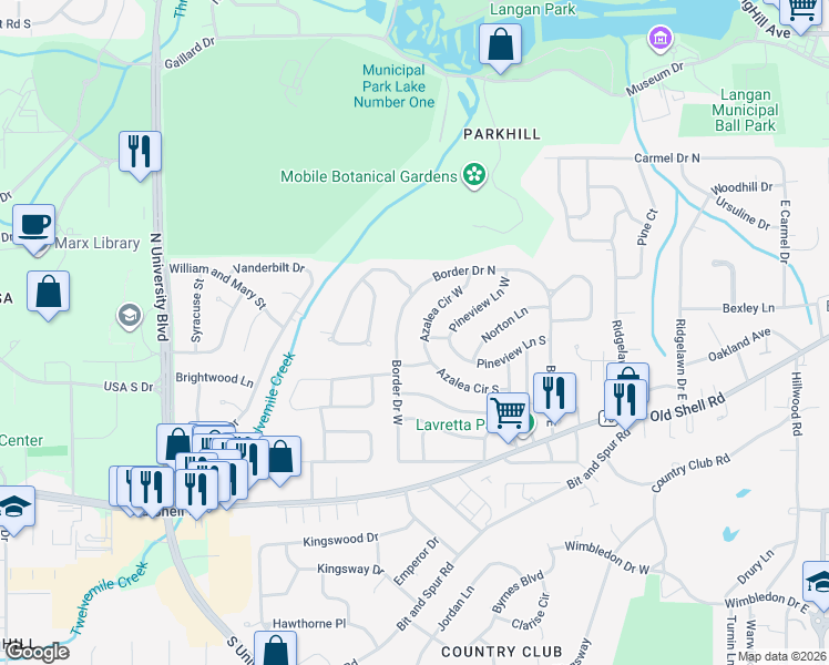 map of restaurants, bars, coffee shops, grocery stores, and more near 309 Azalea Circle West in Mobile