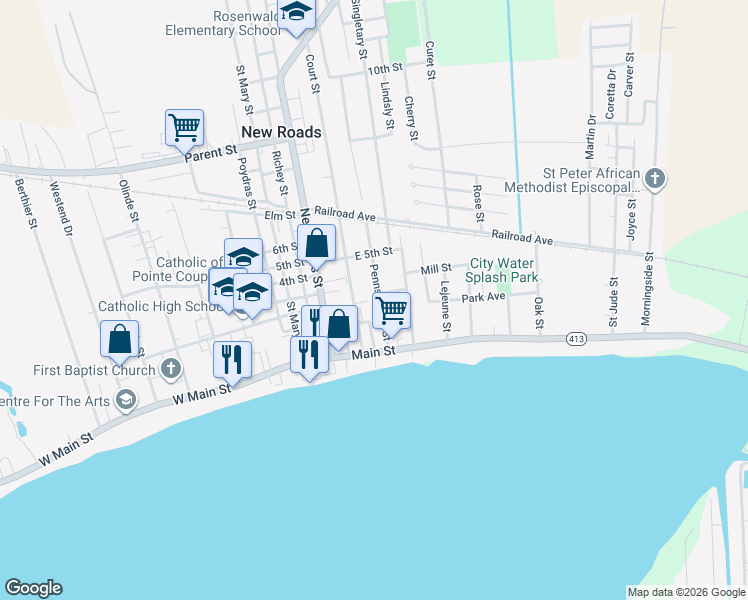 map of restaurants, bars, coffee shops, grocery stores, and more near 309 Pennsylvania Street in New Roads