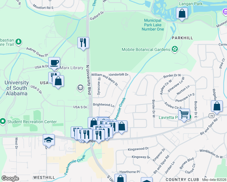 map of restaurants, bars, coffee shops, grocery stores, and more near 316 Montevallo Court in Mobile