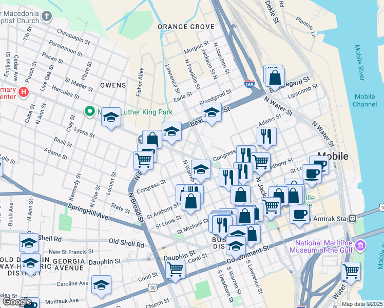 map of restaurants, bars, coffee shops, grocery stores, and more near 311 Tunstall Street in Mobile