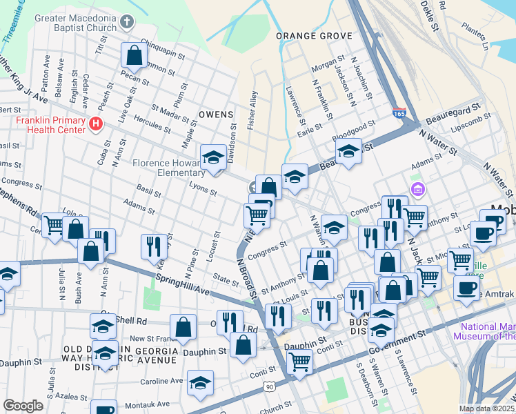 map of restaurants, bars, coffee shops, grocery stores, and more near 351 North Broad Street in Mobile
