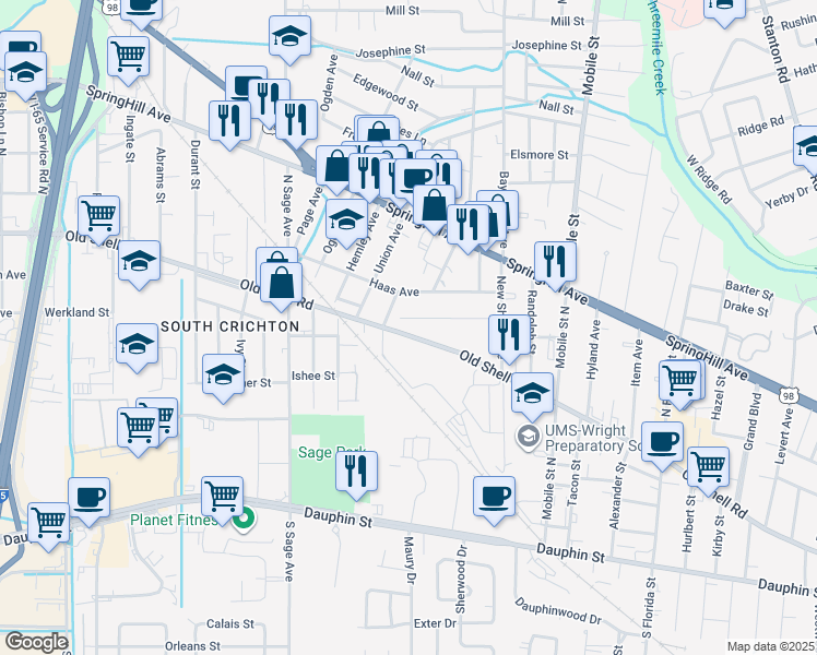 map of restaurants, bars, coffee shops, grocery stores, and more near 2814 Le Cren Street in Mobile
