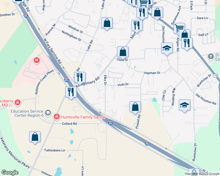map of restaurants, bars, coffee shops, grocery stores, and more near 3205 Elks Drive in Huntsville